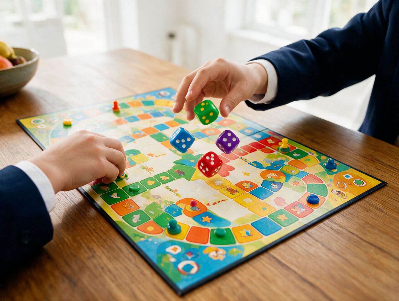 Hands rolling colourful dice on a board game